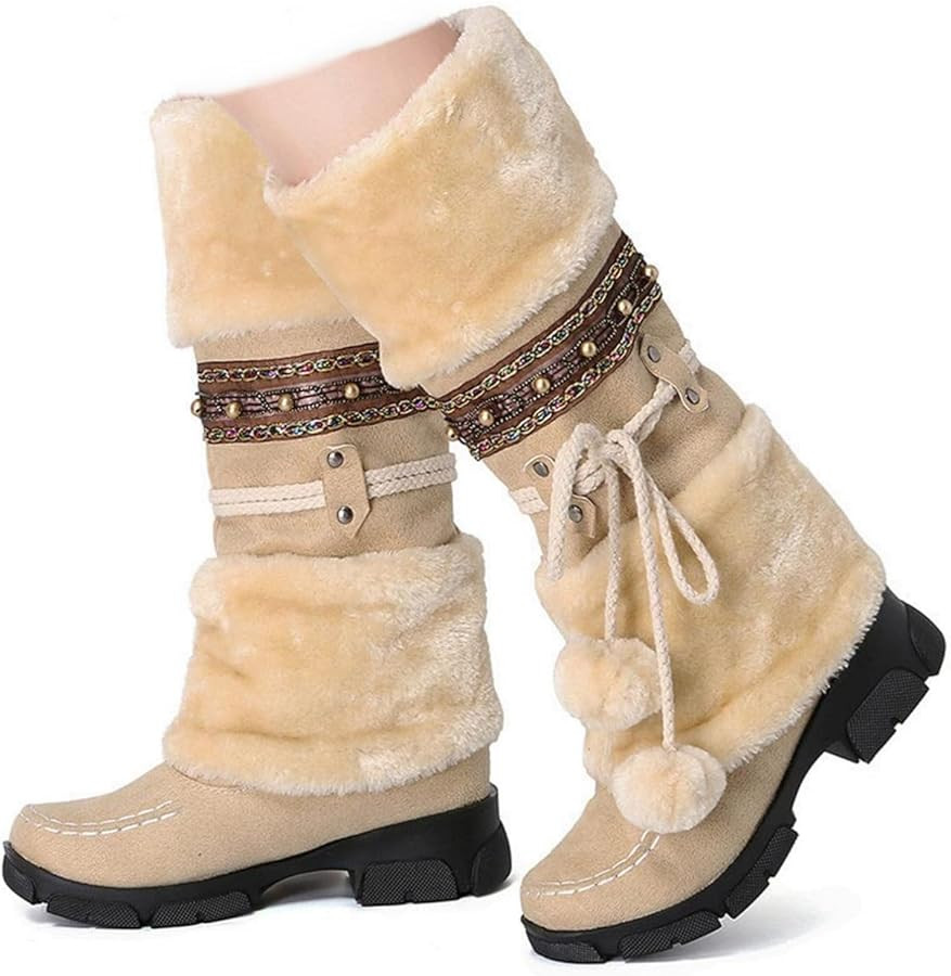 SACFOF Mid Calf Boots for Women,Winter Lace Up Pompoms Platform Anti-Slip Furry Snow Boots Fur Li... | Amazon (US)