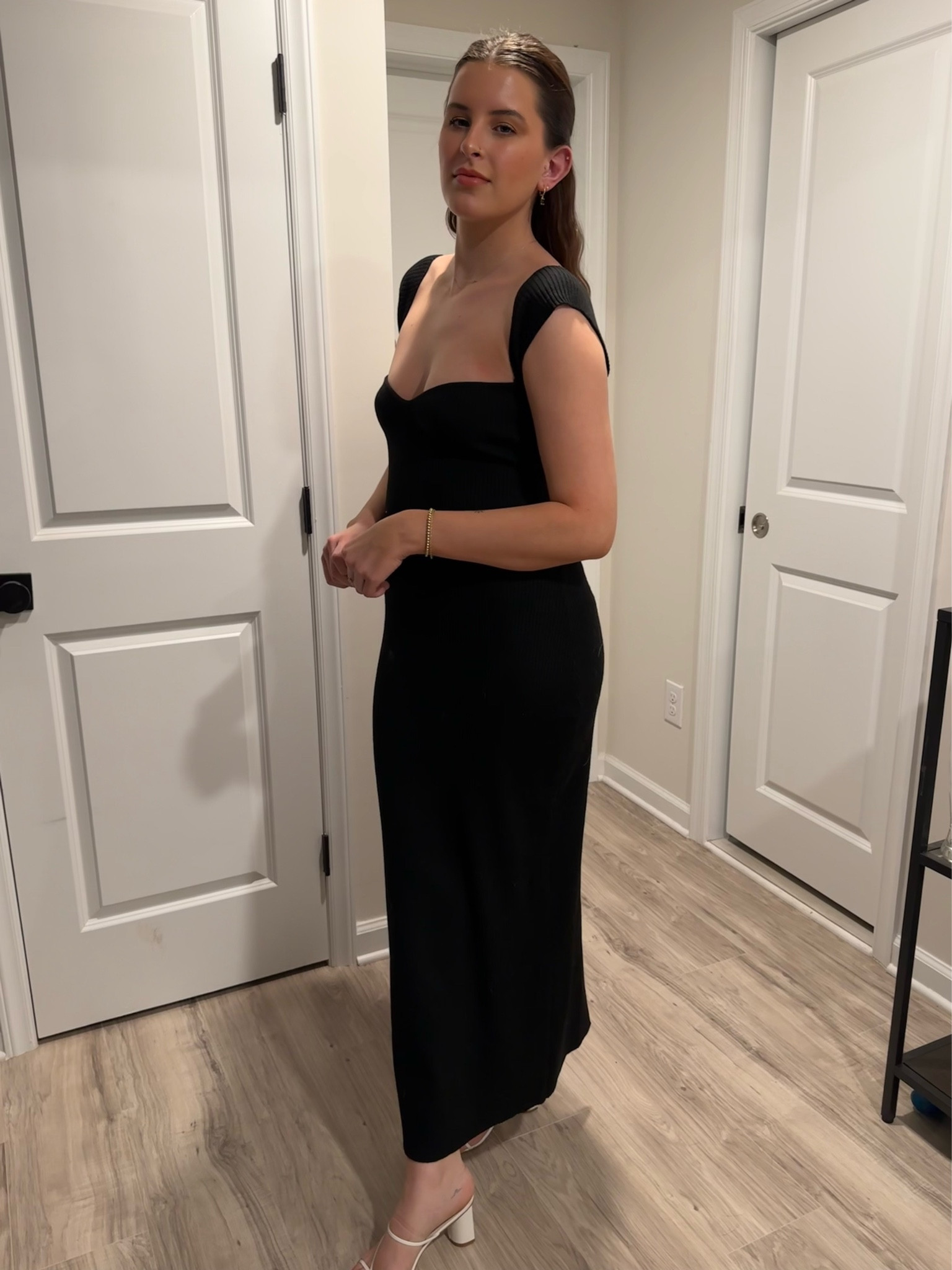 Date night little black dress, midi black dress with slit up the back, capped sleeves and sweetheart neckline. Ribbed material. White slip on heels 

#LTKstyletip #LTKFind #LTKwedding