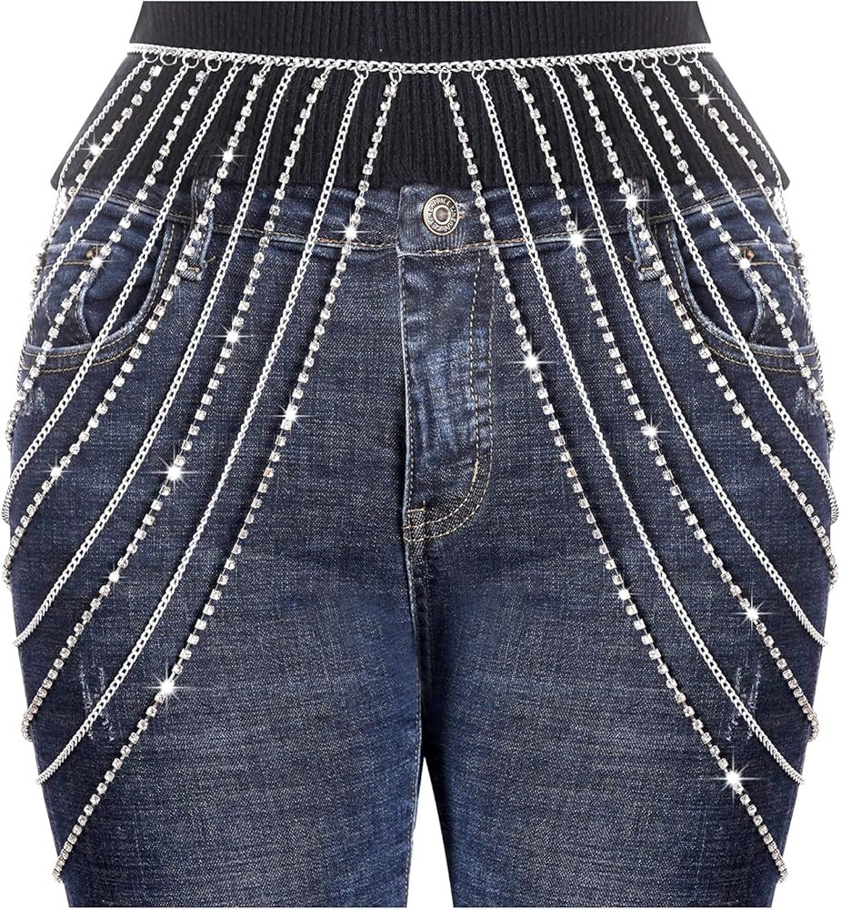 hoyuwak Rhinestone Waist Chain Belt Silver Gold Body Chain Crystal Belly Dance Chain Body Jewelry... | Amazon (US)