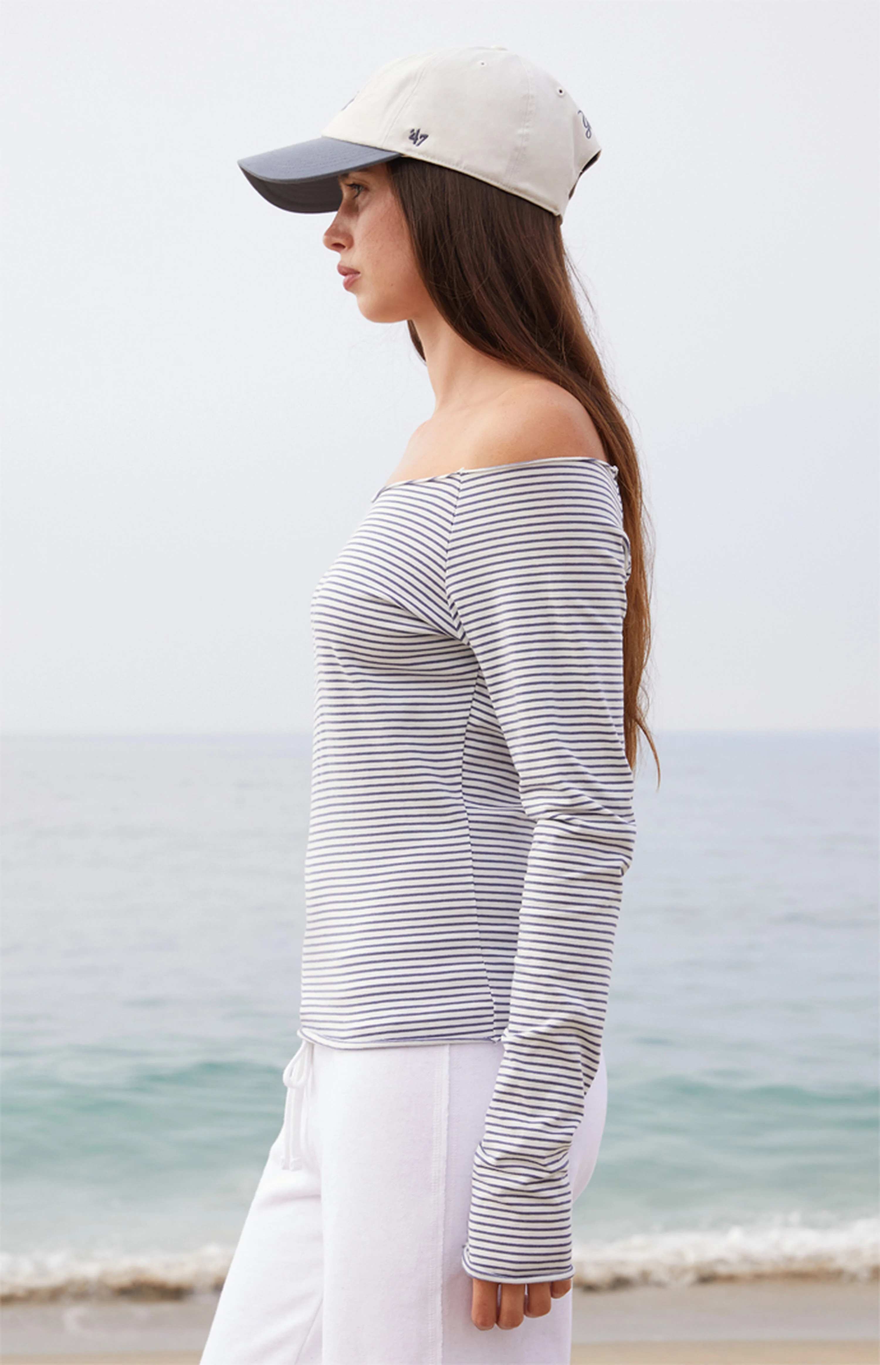 John Galt Light Blue Striped Bonnie Off-The-Shoulder Long Sleeve Top | PacSun | PacSun