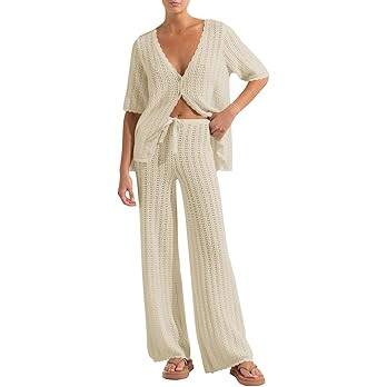 Imily Bela Women's Summer 2 Piece Swimsuit Cover up Crochet Knit Cardigan Tops Long Pants Set Bat... | Amazon (US)
