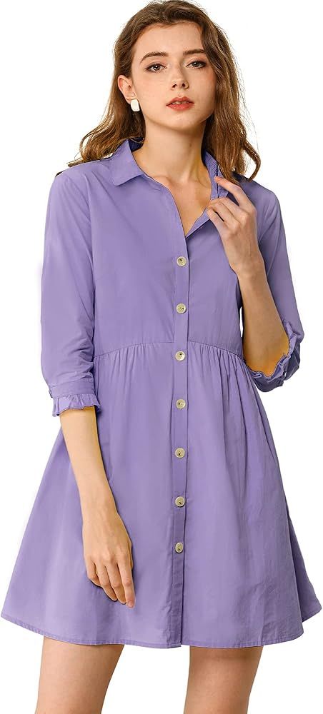 Allegra K Women's Casual Shirt Dress Ruched 3/4 Sleeve Button Up Mini Dresses | Amazon (US)