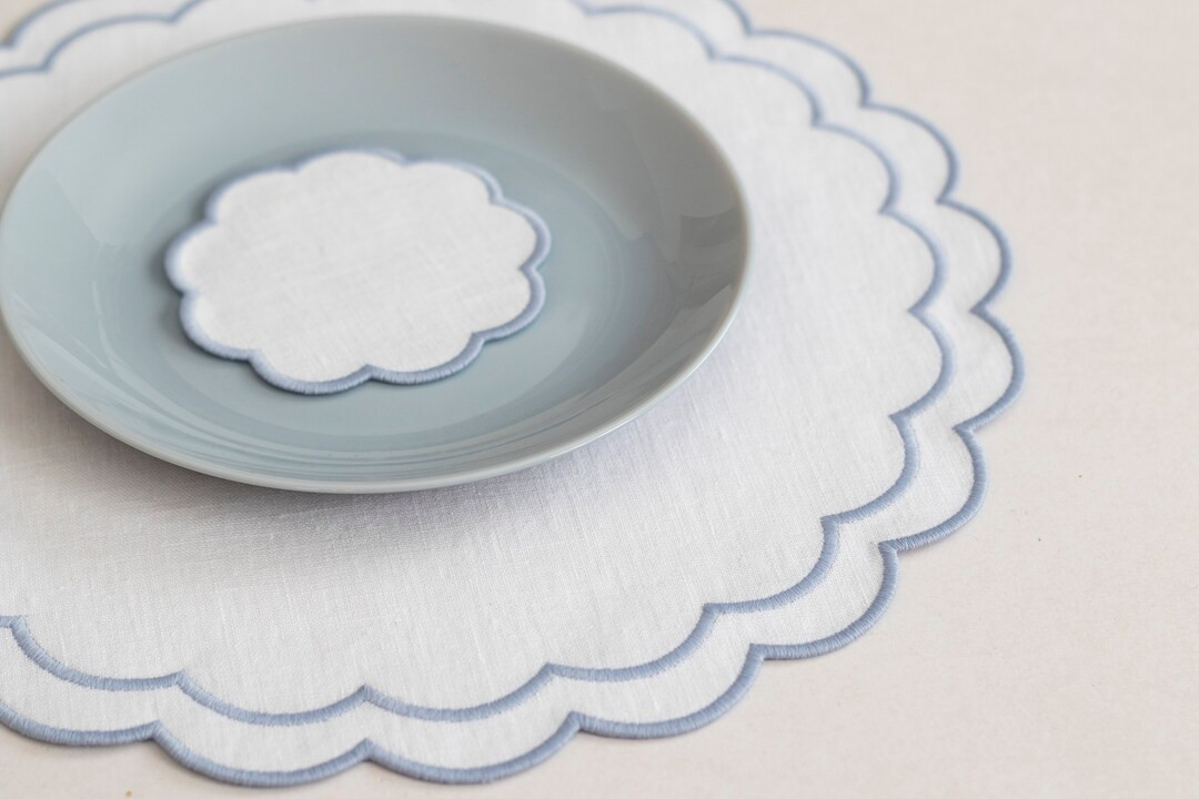 READY TO SHIP  White linen round table mats with scallop edges in light blue for table decor Set ... | Etsy (US)