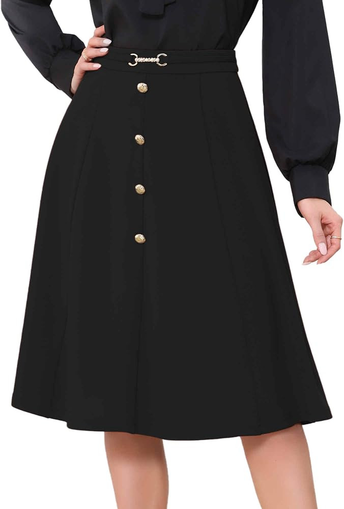 Allegra K A-Line Midi Pleated Skirt for Women's Vintage Work High Waist Flare Business Skirts | Amazon (US)