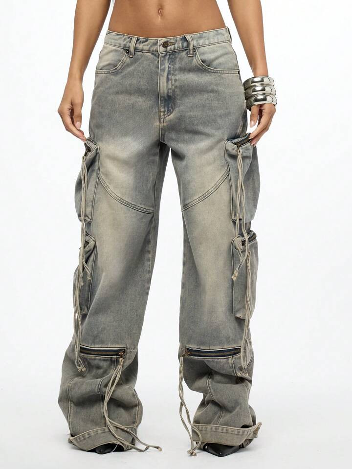 SUMWON WOMEN Distressed Cargo Denim Jeans With Multiple Zipper Pockets Y2K Style Wide Leg Drawstr... | SHEIN