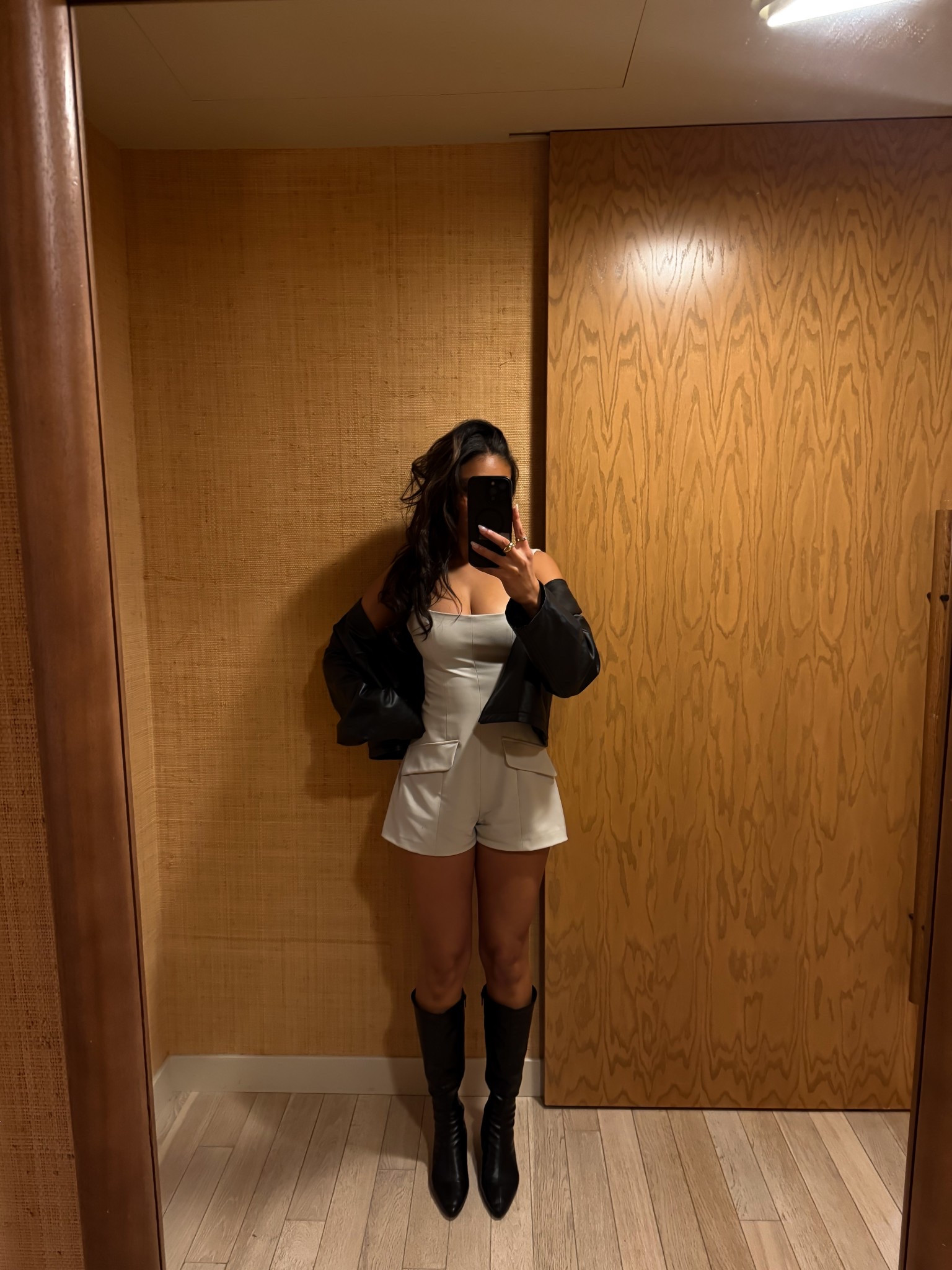 beige romper paired with black kitten boots and black leather jacket💕

#LTKBeauty #LTKStyleTip #LTKSpringSale