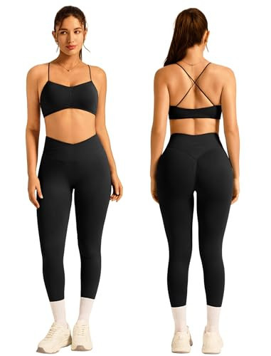 ABOCIW Womens Workout Sets 2 Piece Seamless Strappy Sports Bra Crossover Waist Leggings Gym Sets Yoga Pilates Outfits Work Out Clothes Black Small | Amazon (US)