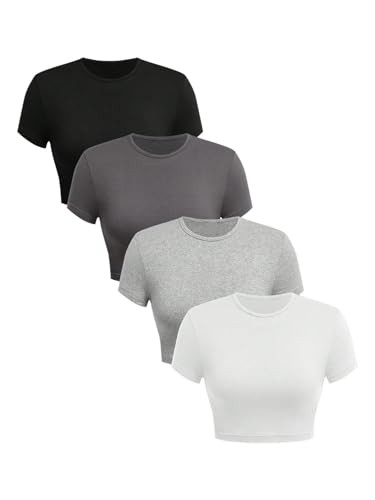 SOLY HUX Women's Basic T-Shirts Crew Neck Short Sleeve Fitted Tees 4 Packs Crop Tops | Amazon (US)