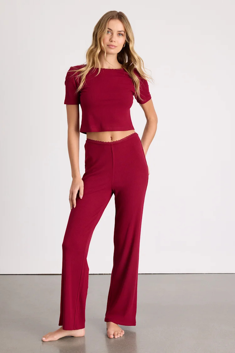 Laudrey Wine Red Ribbed Knit Wide-Leg Lounge Pants | Lulus