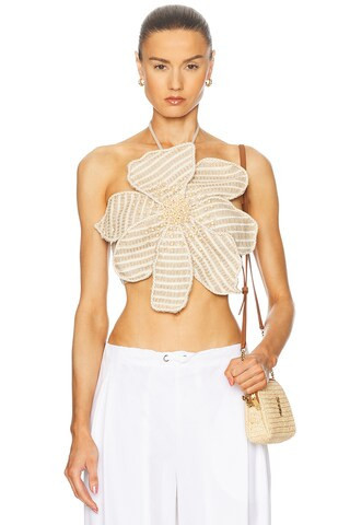 PatBO Candy Linen Hand-Beaded Flower Top in Beige | FWRD 