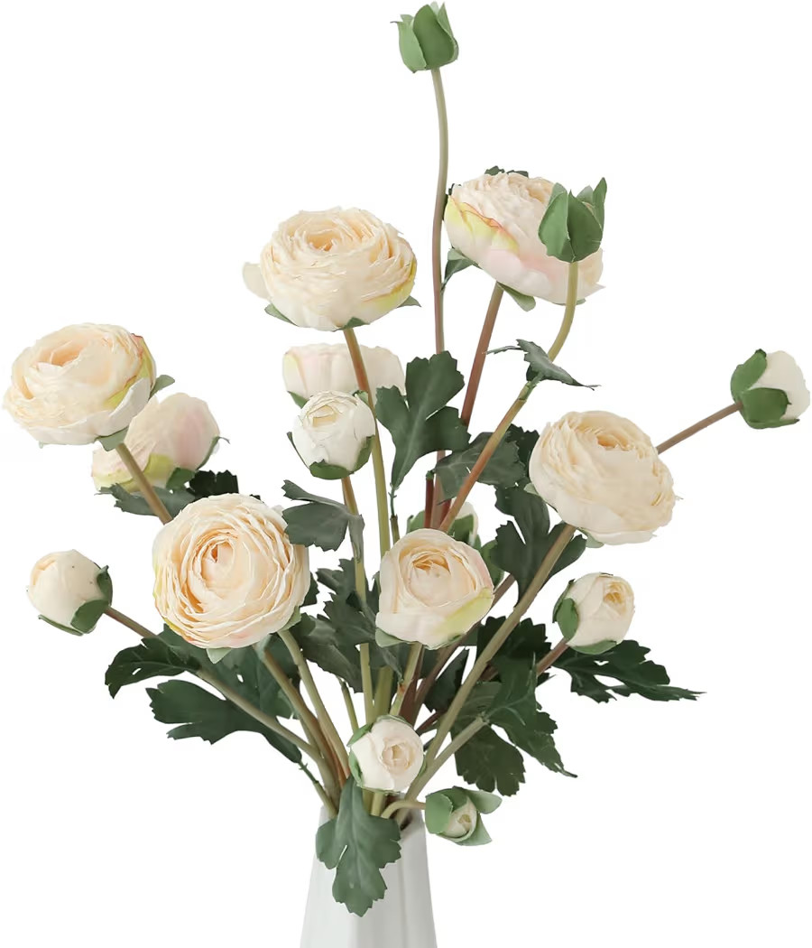 6Pcs Realistic Silk White Ranunculus Artificial Flowers Long Stems, 23.6" Tall Fake Flowers Faux Flowers Suit for Year-Round Home Decoration, Wedding, Bridal Bouquets, Office | Amazon (US)