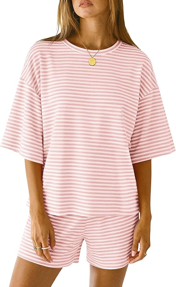 LOMON Two Piece Sets for Women Summer 3/4 Sleeve Tops and Elastic Waist Shorts Pajamas Cute Comfy... | Amazon (US)