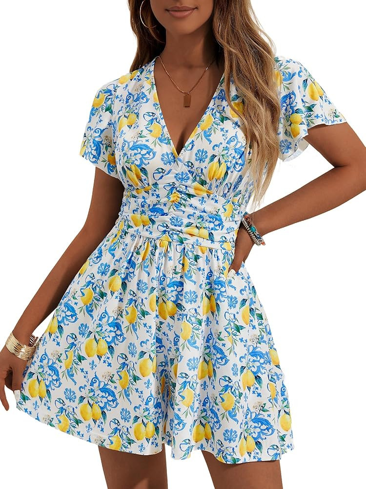 ZABERRY Women's Back Lace Up Floral Rompers with Pockets Short Ruffle Sleeve Summer Jumpsuits Wid... | Amazon (US)