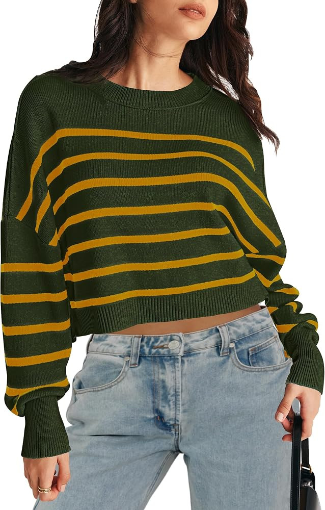 MEROKEETY Women's Long Sleeve Crew Neck Striped Crop Sweater Ribbed Knit Pullover Jumper Tops | Amazon (US)