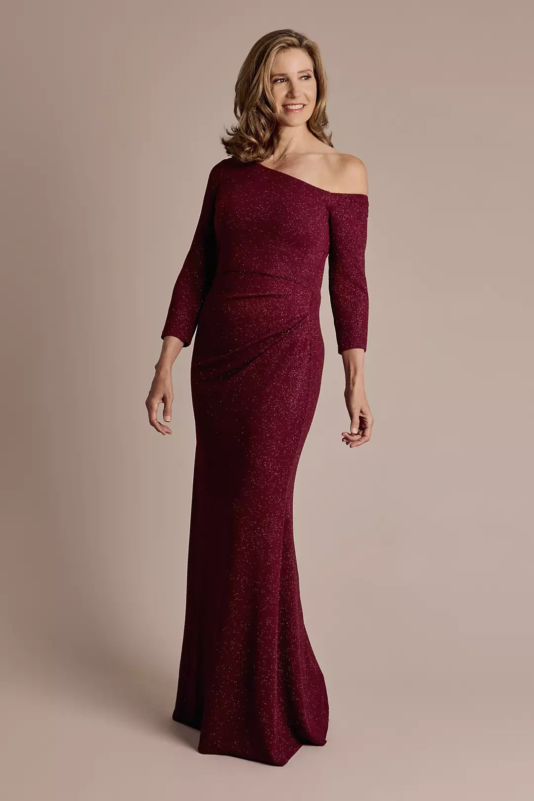 One-Shoulder Glitter Knit Sheath Dress | David's Bridal | David's Bridal