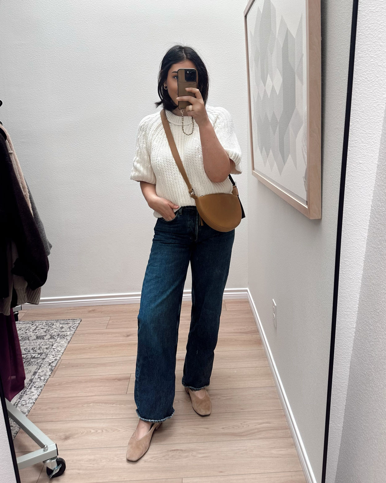 I love this under $100 Free People sweater! I'm in the large but it runs generous, stay true to size. 

I'm in the 30 of the jeans, TTS with a relaxed fit.  

 