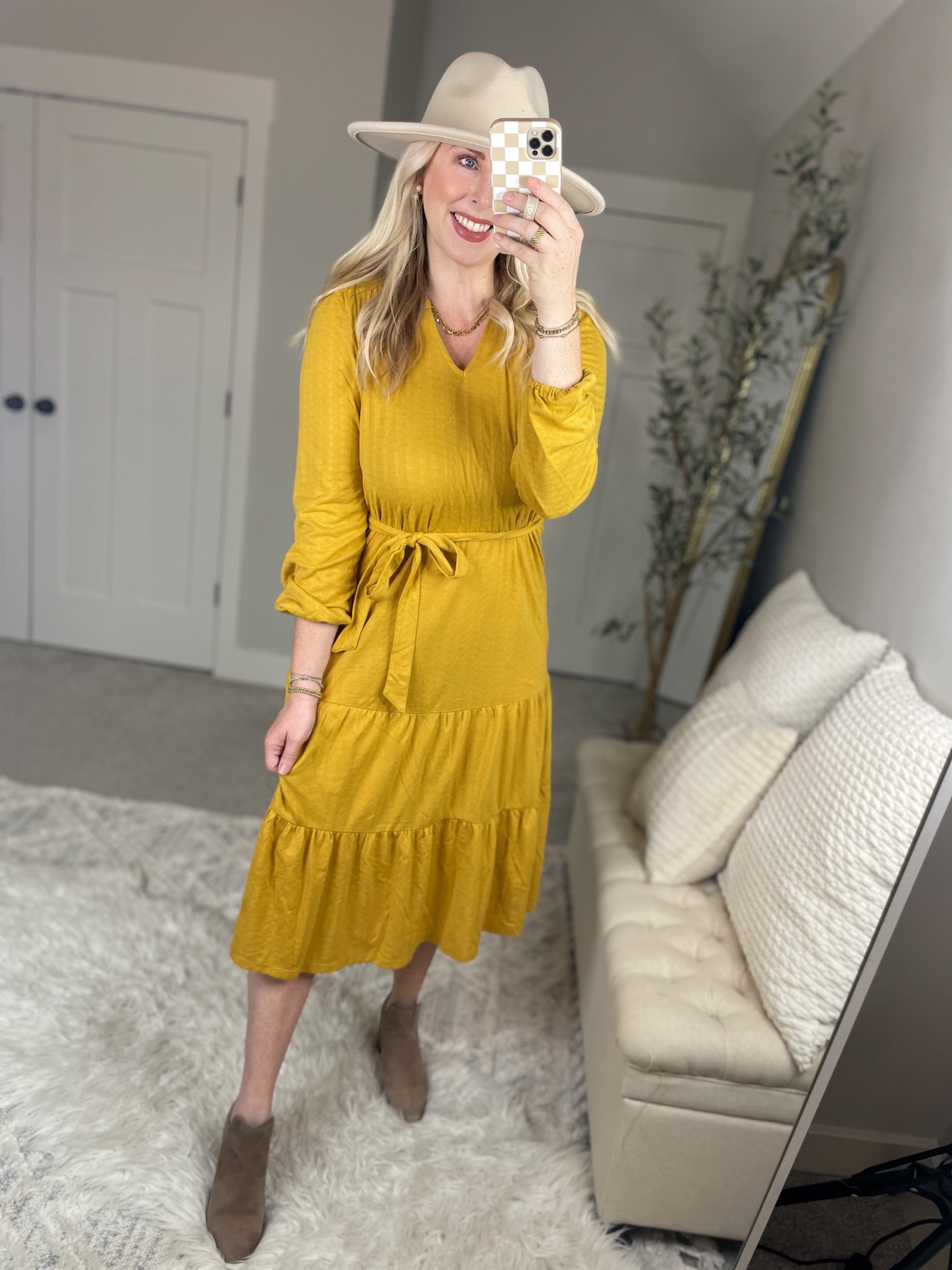 Daily try on, teacher dress, Walmart outfit, Walmart fashion, time and tru, fall dress, mustard yellow dress, midi dress 

#LTKFind #LTKstyletip #LTKunder50