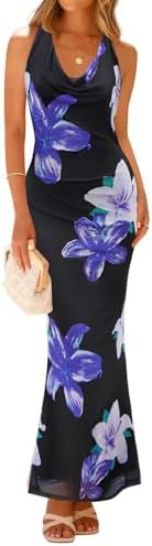 ZESICA Women's 2026 Summer Halter Neck Floral Print Maxi Dress Sleeveless Backless Wedding Guest ... | Amazon (US)