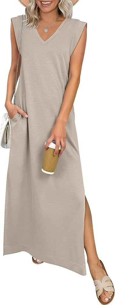 ANRABESS Womens Summer Casual Maxi Dresses Sleeveless V Neck Split Wrinkle-Free Long Sundress Bea... | Amazon (US)
