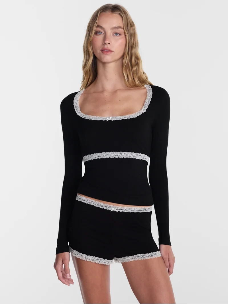 No Boundaries Sleep Lace Top with Long Sleeves, Women\u2019s XXS-3X | Walmart (US)