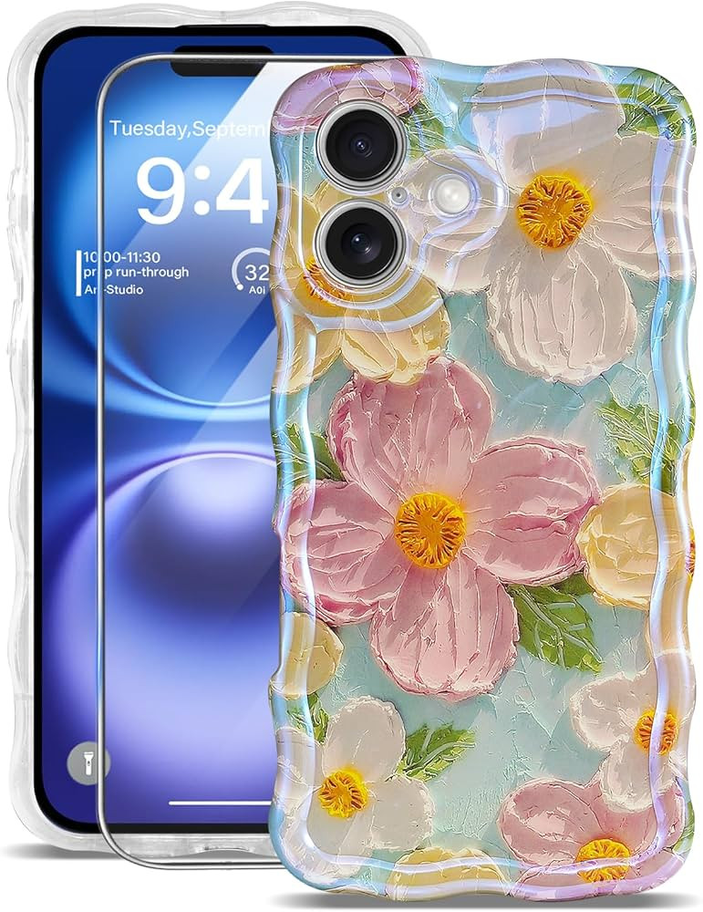 for iPhone 16 Case [with 9H Screen Protectors] Wave Bumper Colorful Oil Painting Flowers Print Bl... | Amazon (US)