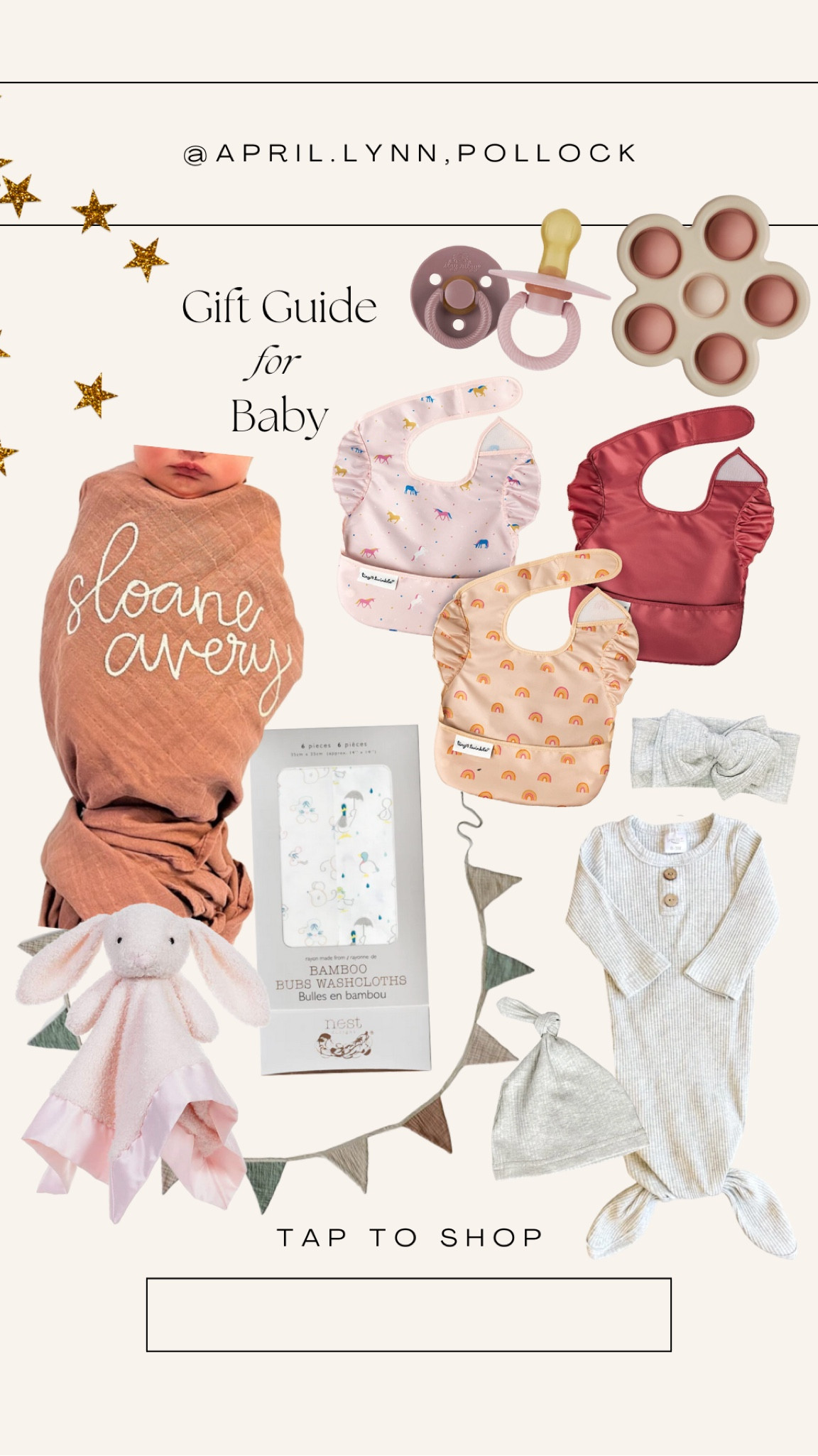 Gift guide for baby / baby gift ideas / gift idea for baby girl / baby gifts / baby bibs / personalized blanket / bunny lovey / baby gown set / baby toy 

#LTKbaby #LTKHoliday #LTKGiftGuide