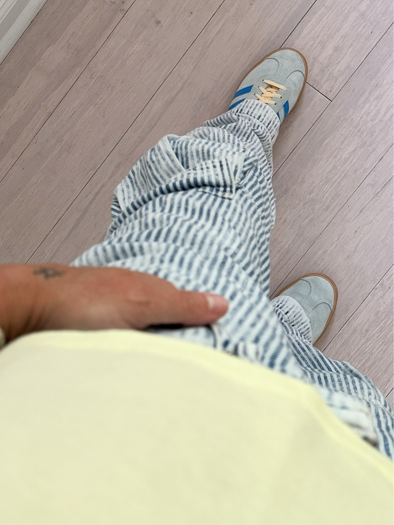 Railroad striped jeans, Adidas gazelles, and yellow t-shirt 

#LTKShoeCrush #LTKOver40 #LTKActive