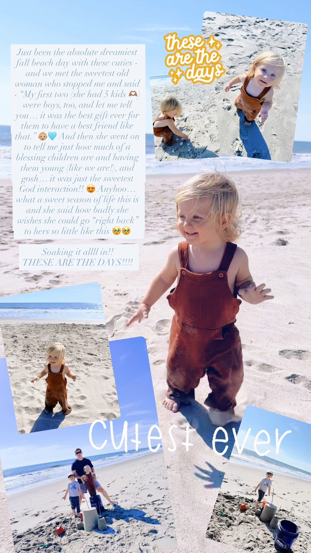 Just been the absolute dreamiest fall beach day with these cuties - and we met the sweetest old woman who stopped me and said - “My first two (she had 5 kids 🫶🏽) were boys, too, and let me tell you… it was the best gift ever for them to have a best friend like that.” 👶🏼🩵 And then she went on to tell me just how much of a blessing children are and having them young (like we are!), and gosh… it was just the sweetest God interaction!! 😍 Anyhoo… what a sweet season of life this is and she said how badly she wishes she could go “right back” to hers so little like this 🥹🥹 

Soaking it allll in!!
THESE ARE THE DAYS!!!! 