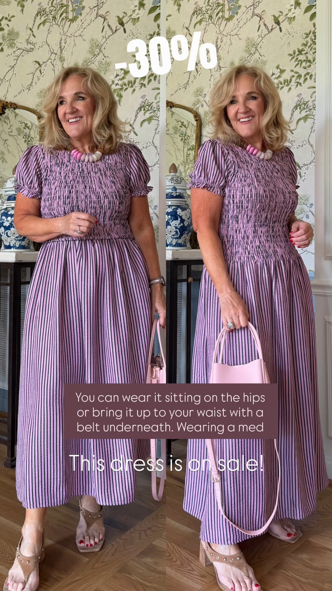 30% off! Dress size medium I probably shoukd have ordered the petite so that it wouldn’t sit as low on my hips. But I like it both ways and I just added a belt to blouse it a bit at the waist.
Love this color it also comes in a solid and a couple of different color stripes
These block  heel sandals are really comfortable. I love the neutral color.

#LTKSaleAlert #LTKOver40 #LTKootd