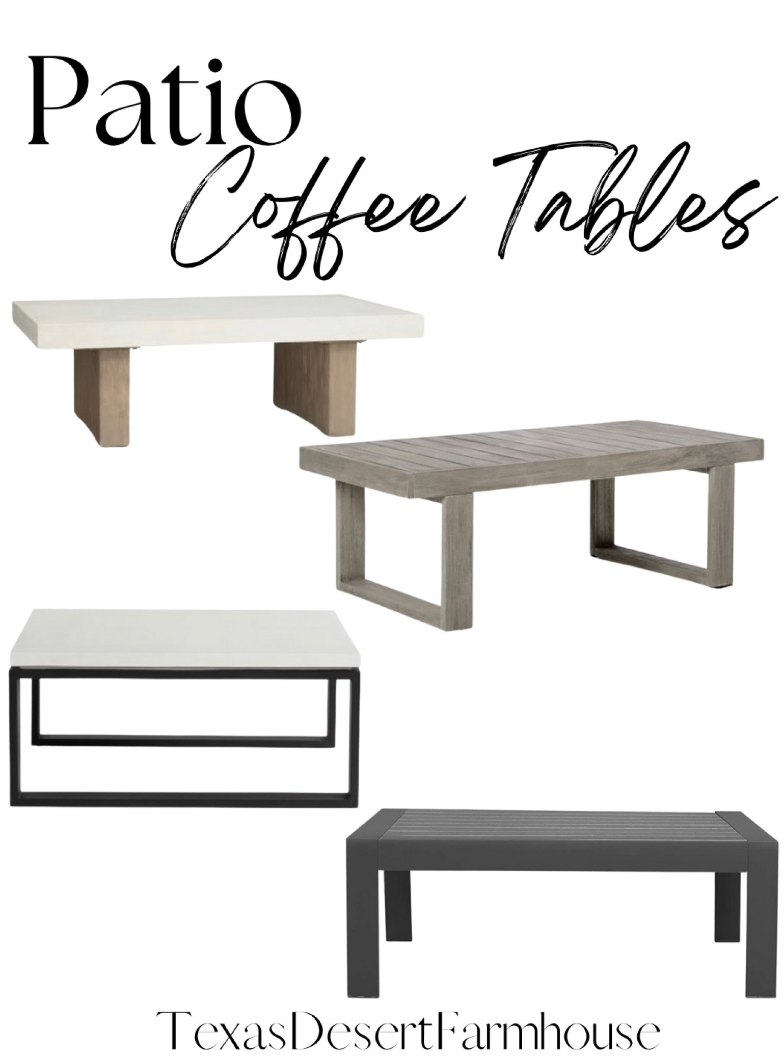 Patio Coffee Tables 

#concretecoffeetable #metalcoffeetable #patiotable #patiocoffeetable #outdoorfurniture #outdoorliving #seasonalfurniture #poolside #deck #porch #patio #poolfurniture #patiofurniture 

#LTKFind #LTKhome #LTKSeasonal