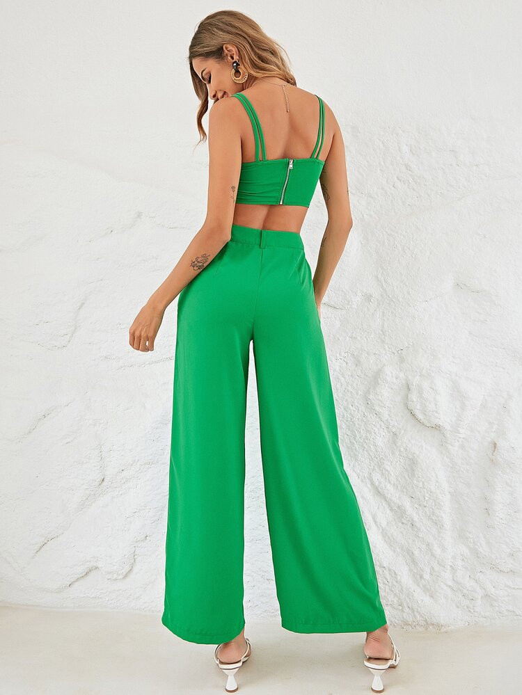 Double Strap Cami Top & Wide Leg Pants Set | SHEIN