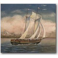 Vintage Sailboat Painting Original Oil Boat Wall Art Antiques Ship Ocean Mountains Seascape Room Dec | Etsy (US)