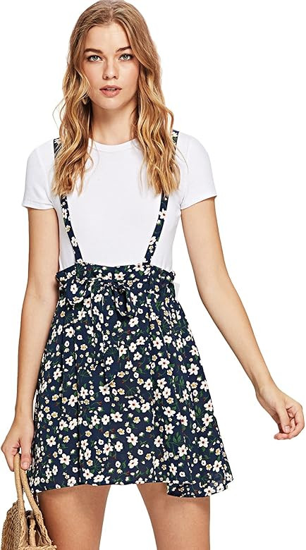 Women's Floral Print Self Tie Waist Crisscross Pinafore Overall Dress | Amazon (US)