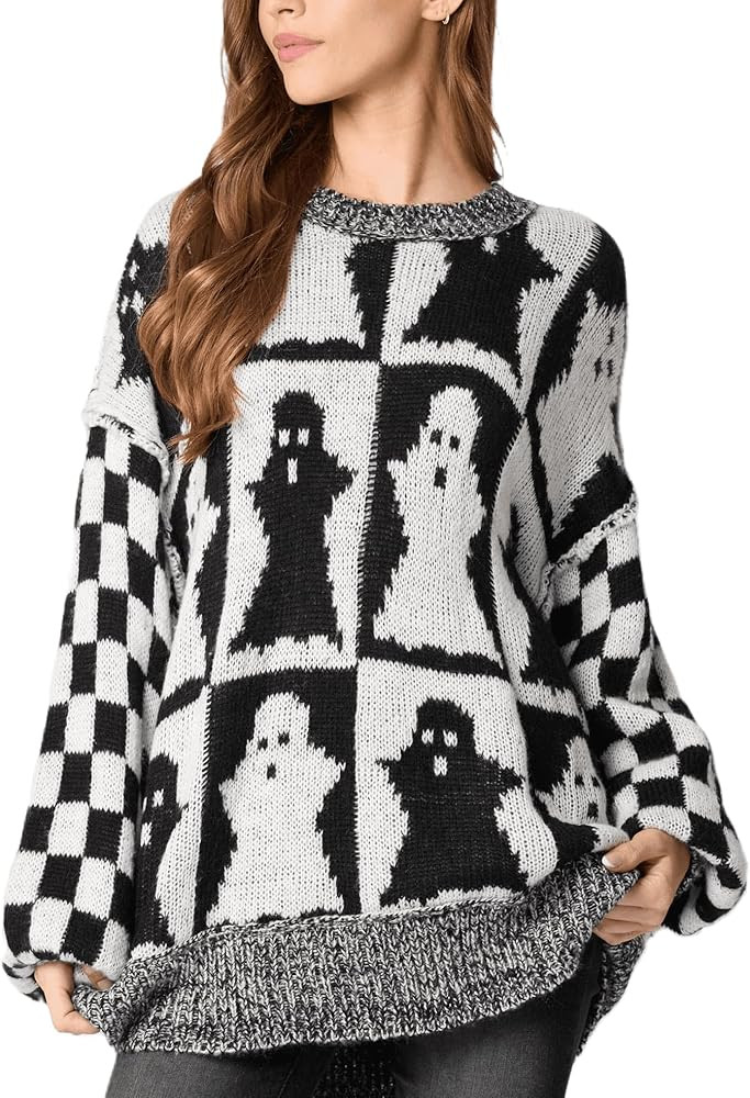 Women Checkered Holiday Oversized Sweater Cute Plaid Print Crewneck Sweatshirt Y2k Knit Puff Slee... | Amazon (US)