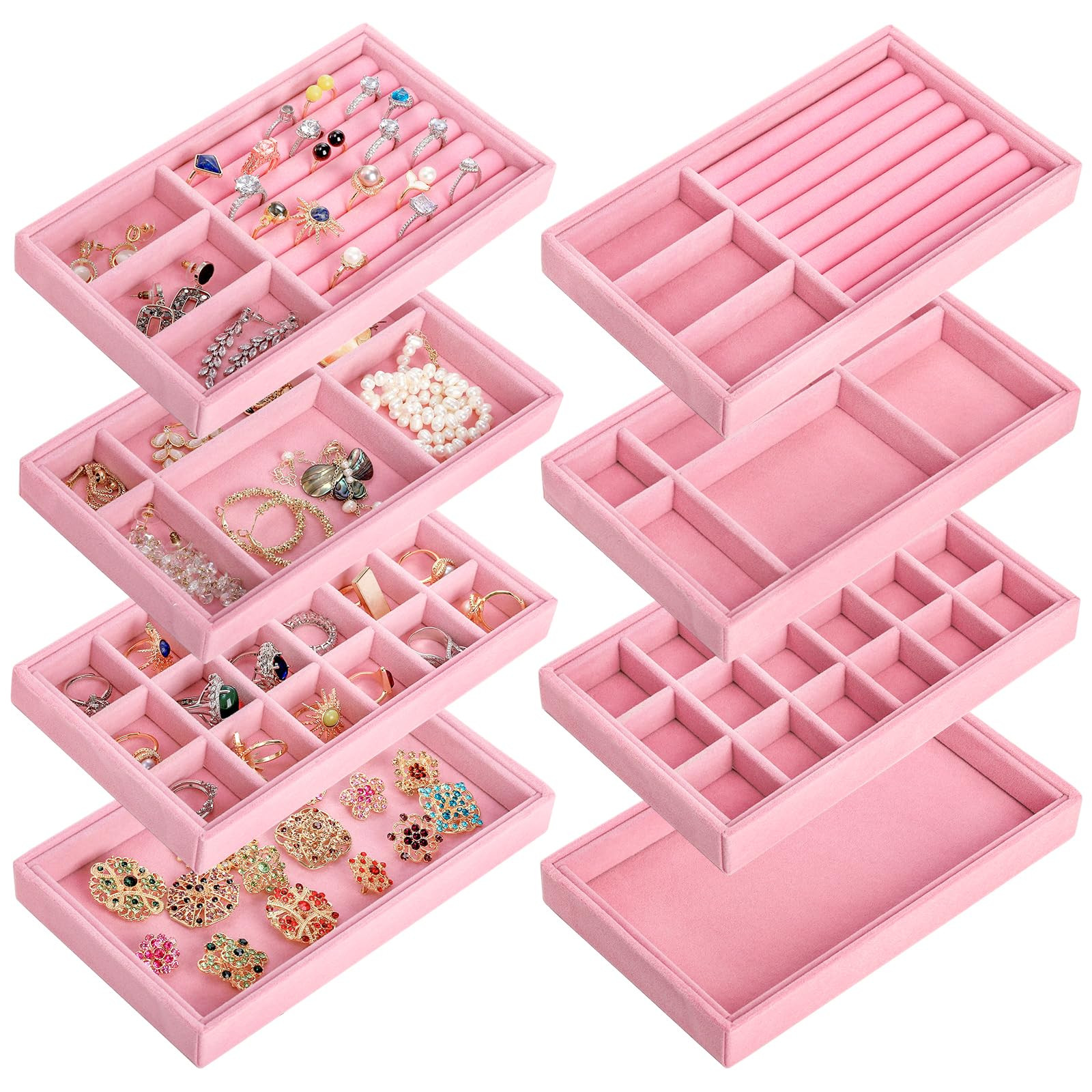Elsjoy 8 Pack Pink Velvet Jewelry Tray, Drawer Insert Jewelry Organizer Tray Stackable Jewelry St... | Amazon (US)