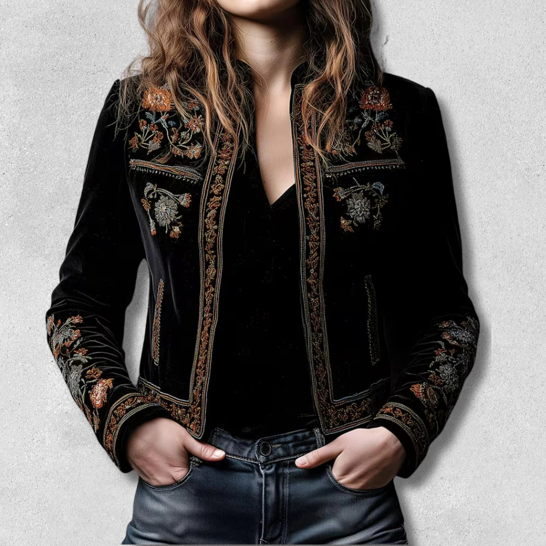 Women’s Short Velvet Jacket – Vintage Black Blazer with Floral Embroidery, Statement Spring &... | Etsy (US)