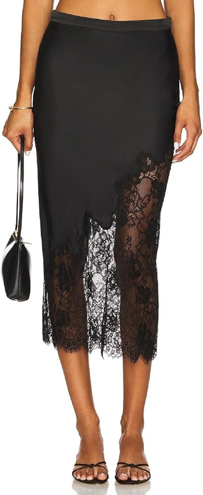 Women Satin Lace Trim Maxi Skirt Y2K Silk Asymmetric High Waisted Patchwork Lace Slip Long Skirt ... | Amazon (US)