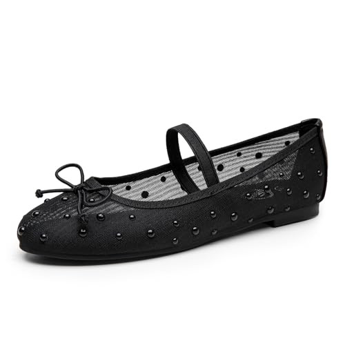 Trary Mesh Ballet Flats for Women, Pearl Ballet Flats Shoes for Women, Bow Mesh Flats for Women,Mesh Shoes Women, Mesh Mary Jane Flats for Women Wide, Mary Jane Shoes Women, Black Flats for Women | Amazon (US)