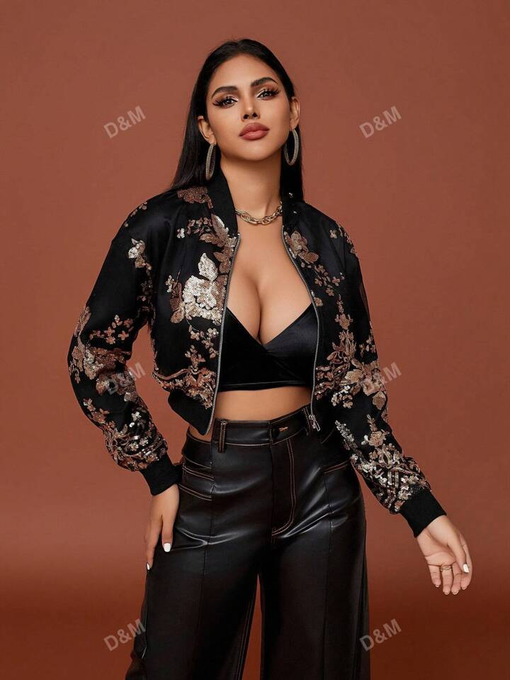 D&M Floral Print Zip Up Crop Bomber Jacket | SHEIN