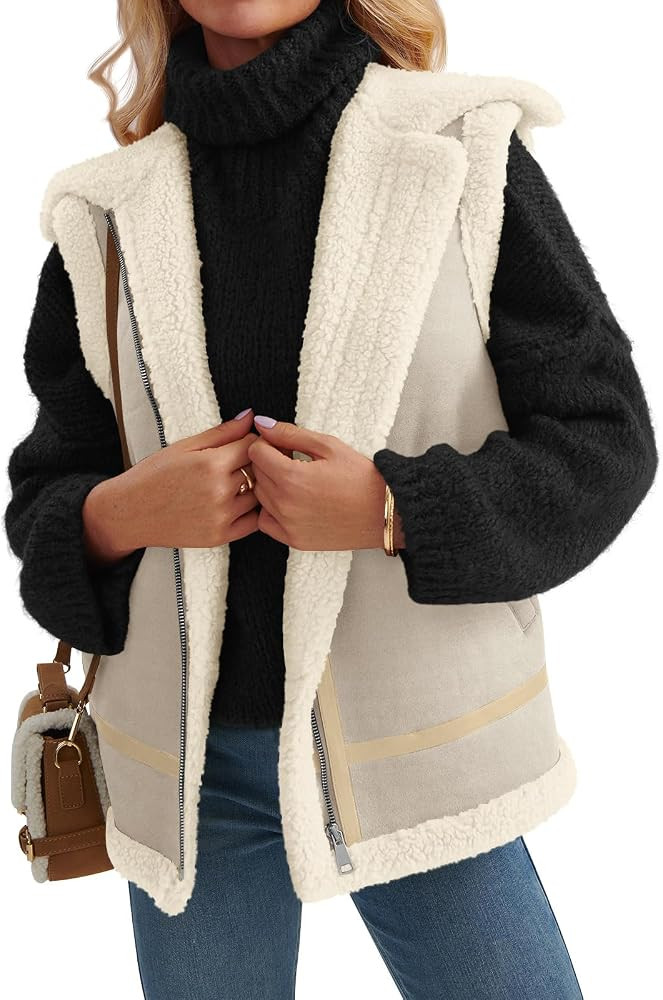 AUTOMET Womens Suede Sherpa Lined Leather Vest Jacket 2024 Fall Winter Zip Up Sleeveless Lambwool... | Amazon (US)