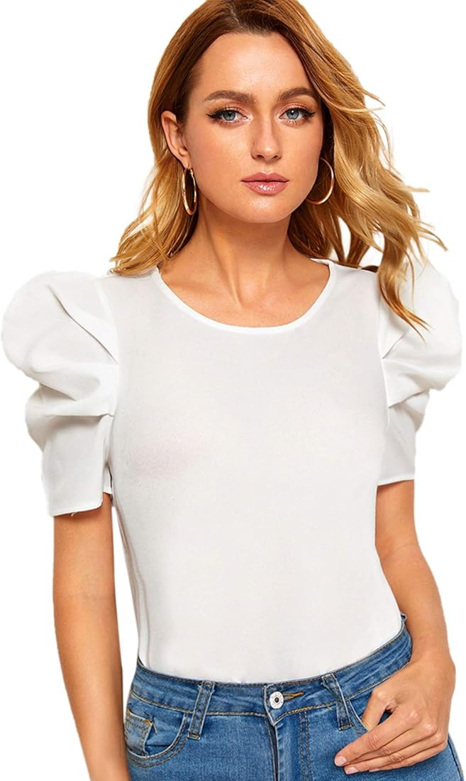 Floerns Women's Round Neck Short Puff Sleeve Keyhole Back Blouse Tops | Amazon (US)