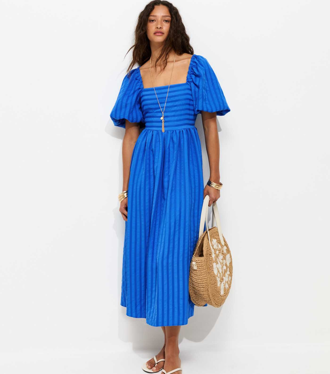 Bright Blue Puff Sleeve Striped Midi Dress | New Look | New Look (UK)