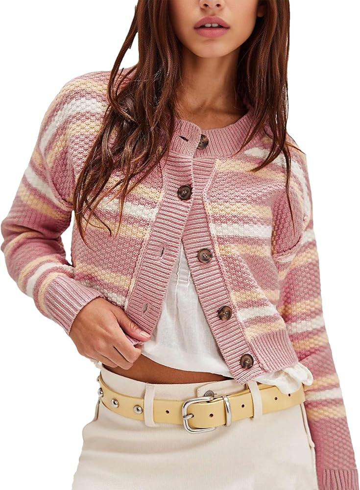 Zontroldy Womens 2025 Spring Fall Casual Cropped Cardigan Button Front Solid Color Striped Long S... | Amazon (US)