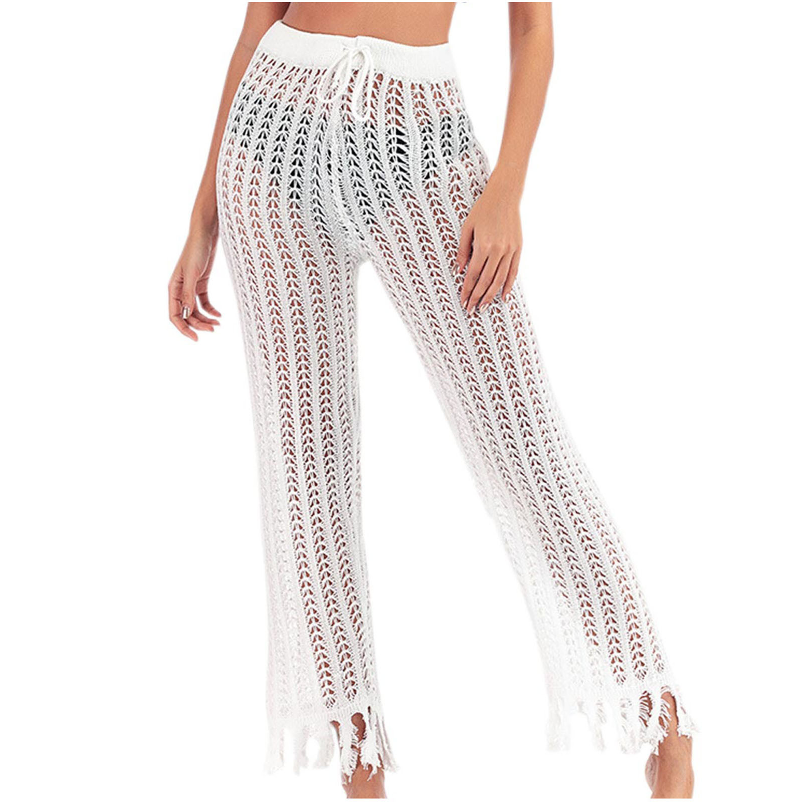Timegard Summer Pants for Women High Waisted Drawstring Fringe Tassls Beachwear Hollow out Cover ... | Walmart (US)
