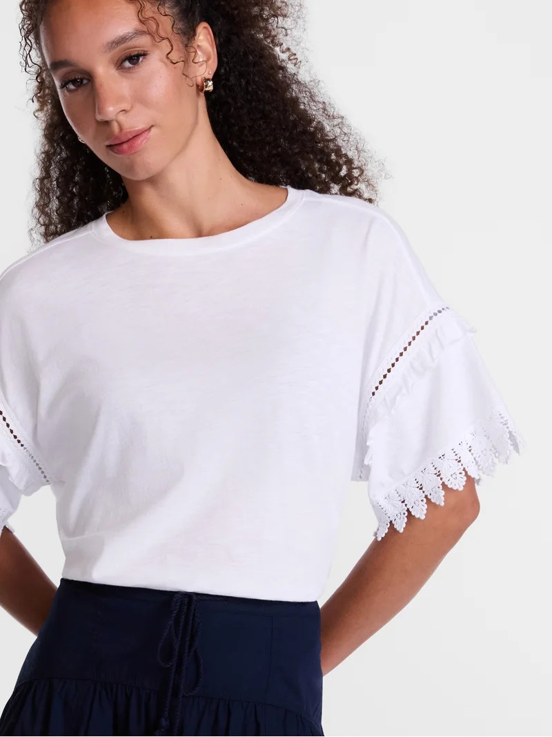 Scenario Women's Lace Trim Tee with Short Sleeves, Size XS-XXXL | Walmart (US)