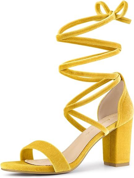 Allegra K Women's Faux Velvet Lace Up Chunky Heel Strappy Sandals | Amazon (US)