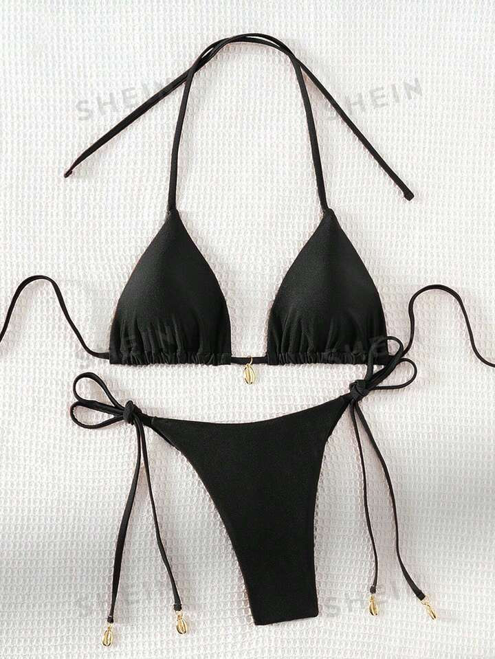SHEIN Swim Women's Solid Color Halter Neck Tie Sexy Bikini Set For Vacation,Summer Beach | SHEIN