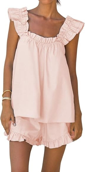 Xfileen Womens Summer 2 Piece Set Fashion Ruffle Trim Cami and Casual Shorts Set Cotton Pajama Sets | Amazon (US)