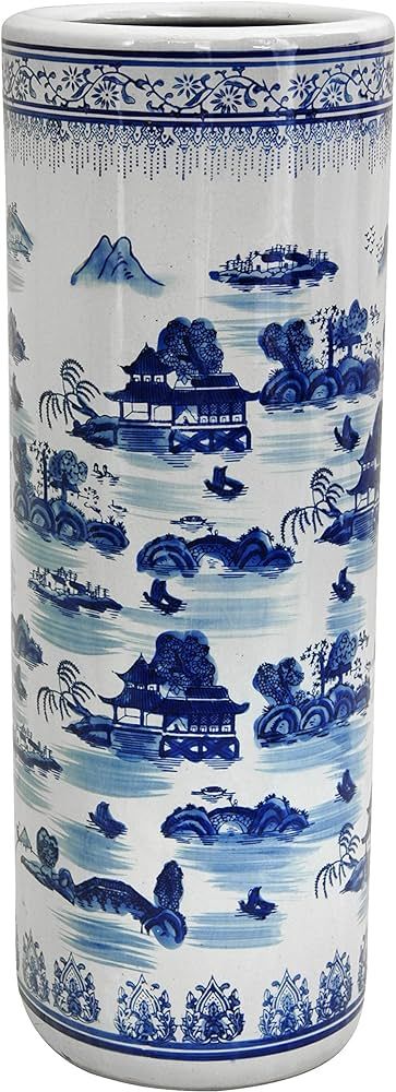 Oriental Furniture 24" Landscape Blue & White Porcelain Umbrella Stand | Amazon (US)