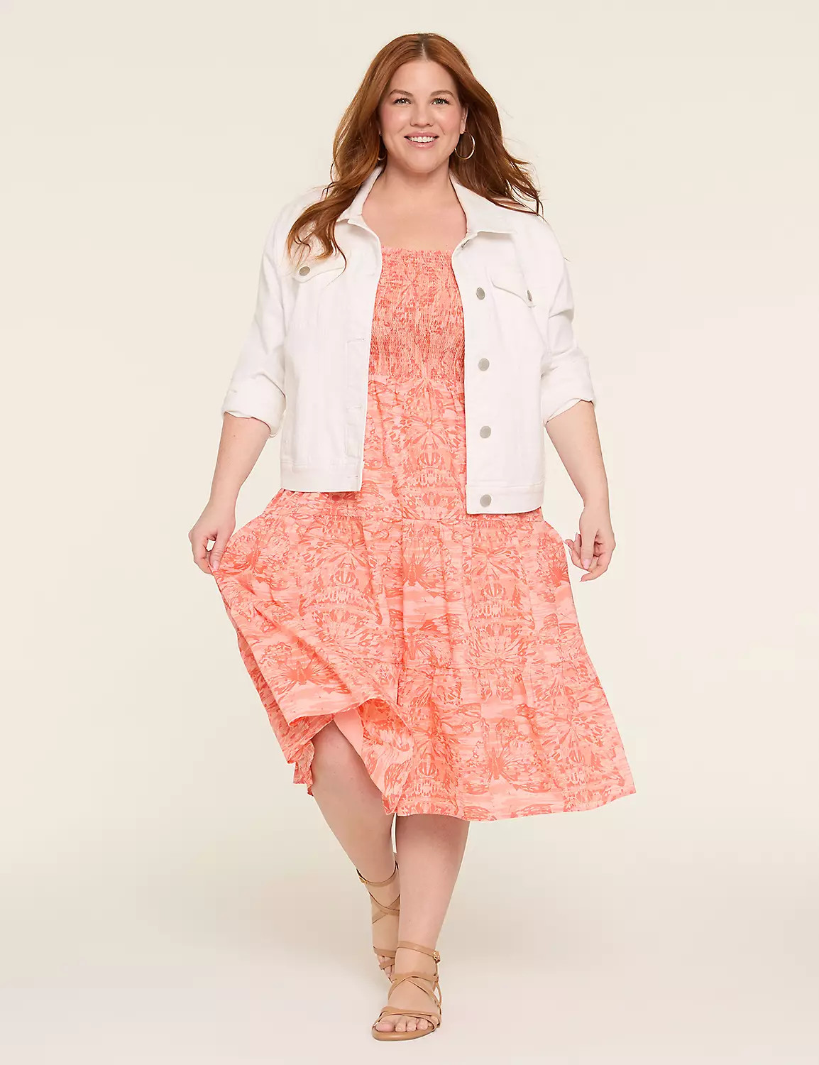 Sleeveless Smocked-Bodice Tiered Midi Dress | Lane Bryant (US)